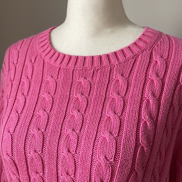 L.L. Bean Chunky Cable Knit Pink Cotton Fisherman Crewneck Sweater - Picture 6 of 12